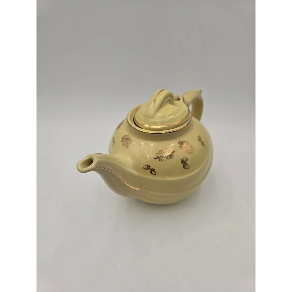 Hall China Yellow Teapot Gold‎ Leaf Acorn Swirl Pattern Vintage Ceramic